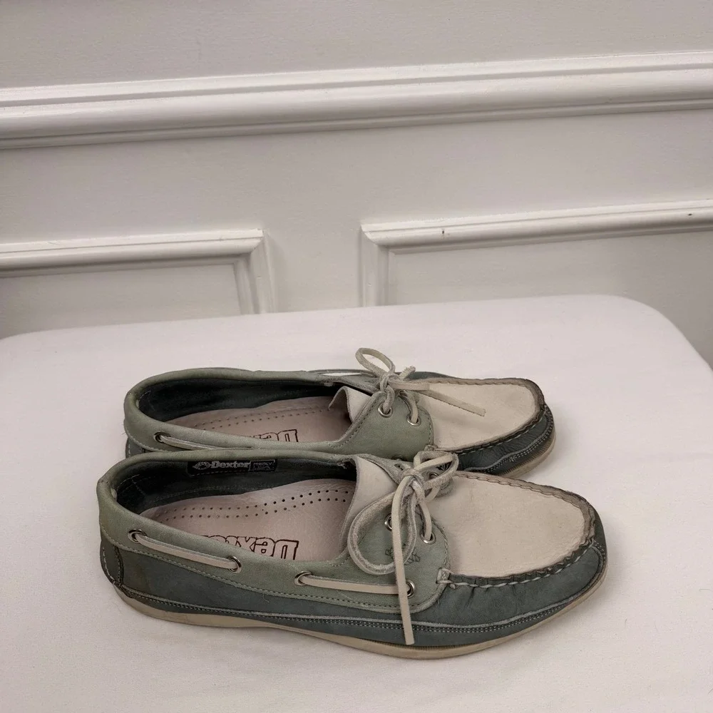 Dexter Mens Boat Shoes 9.5 M Blue Grey Cream Leather Made in USA P619-22 Loafers